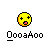 Pixelated yellow circle with black cross eyes, pink tongue, and orange gradient outline above stylized text on gray background.