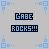 Pixelated of blue and black text icons with 'GABE' and 'ROCKS!!!' on gray background, surrounded by light blue square patterns