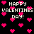 Pixelated Valentine's Day graphic with repeated text and pink hearts on black background.