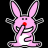 Static pixel art of a pink cartoon bunny with checkered outlines, red nose, and white belly patch on black background.