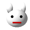 White spherical character with bunny ears, black eyes, and red mouth; two golden vertical bars between two expressions.