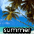 Pixelated beach scene with palm trees, blue sky, and turquoise water; text reads 'summer' in black box and ''08' in white on black.