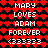 Pixelated text reads 'MARY LOVES ADAM FOREVER <33333' over a red heart pattern background, with two identical frames showing different color gradients.