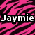 Six distinct color variations of a tiger-stripe pattern with the text "Jaymie" overlaid in white pixelated font on each section.