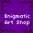 Purple background with dark brown branching patterns and repeated white text reading "Enigmatic Art Shop" in four quadrants.