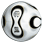 Pixelated circular icon with metallic silver and white tones, featuring a black-outlined hourglass shape on the left side and a partial black circle on the right.