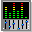 Animated audio equalizer display with green, yellow, and red bars over black background; blue sliders on gray below