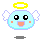 Pixelated angel icon with light blue body, yellow halo, white wings, black eyes, and orange cheeks; two variations show differing mouth shapes.