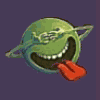 Green cartoon planet with rings, wide grin showing teeth and red tongue sticking out, on dark purple background.