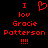 Red pixelated text and symbols on black background: 'I' above a heart, then 'lov', 'Gracie', 'Patterson', and four exclamation marks.
