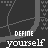 Animated contact sheet of 16 frames showing a pixel art animation with 'DEFINE yourself' text and colorful symbols on dark background.