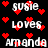 Black background with white text and red heart symbols; text reads 'susie loves amanda' in pixelated font with heart symbols scattered throughout.