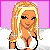 Pixelated static image of a blonde cartoon character with long hair, wearing a white top and dark shorts against a pink background.