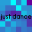 Pixelated of blue and purple squares with repeated text 'just dance' in black font across two horizontal bands