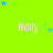 Bright green background with repeated white text 'Nolly' and scattered blue and light blue stars in a pattern