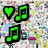 Pixelated of four distinct buddy icon sets with heart and musical note symbols, each set in a different color scheme against a multicolored pixel background