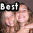 A four- shows two smiling women in a pixelated image with text overlays