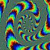 A static pixelated image with swirling patterns of blue, green, yellow, and red hues on a muted teal background.