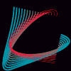 Animated abstract shapes with layered curved lines in red, blue, green, yellow, and purple hues on a black background.