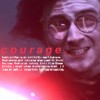 A static image shows a person with glasses and a red-toned background, with the word 'courage' in red text and a block of smaller text below it.