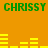 Green pixelated text "CHRISY CHRISY" appears twice on an orange background with yellow horizontal bars in two