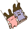 Two cartoon rabbits on a swing: pink rabbit with closed eyes, purple rabbit with open mouth; both wear brown hats. Swing moves through four positions.