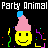 Pixelated yellow smiley face with pink party hat and blue top, surrounded by colorful confetti on black background.