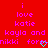 Red background with pink pixelated text reading 'i love katie kayla and nikki fore' in two , each ending with a cyan heart symbol