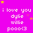 A bright pink background with repeated white text and yellow stars, featuring 'i love you', 'dylie', 'willie', and 'pooo<3' in a pattern