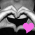 Animated sequence of four grayscale showing a stylized face with heart-shaped eyes, each featuring one pink or yellow heart icon in the lower center