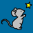Pixelated mouse with gray and white fur stands on hind legs against blue background, reaching toward yellow star.