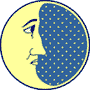 Four circular yellow and blue moon faces with dotted patterns, showing different expressions and partial views in a