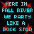 Pixelated cyan text on black background with red starbursts, repeating 'HERE IN FALL RIVER WE PARTY LIKE A ROCK STAR' in two
