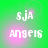Green background with white text 'sja' above 'angels' and pink glow effects, animated with shifting text and glow positions.