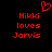 Red pixelated text on black background reads 'Nikki loves Jarvis' with a red heart symbol above the left side of the text.