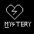 Pixelated white heart with lightning bolt inside, 'MYSTERY' text below, and stylized winged cross on black background.