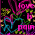 Pixelated icon with pink text 'love is pain' over abstract floral shapes in cyan, green, and yellow on black background.