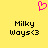 Yellow background with a pink pixelated heart above two identical text blocks reading "Milky Ways<3" in black pixelated font.