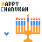 Animated pixel art of a menorah with nine candles, each candle flame flickering between red and yellow hues across frames.