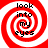 Red and white spiral pattern with black text reading 'look into my eyes' arranged in a circular layout.