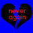 Two identical pixelated black broken hearts on a solid blue background with red text reading 'never again' inside each heart.