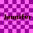 A purple and pink checkered background with four instances of the name "Jennifer" in dark brown text, each paired with a pixelated circular pattern that changes across frames.