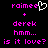Pixelated text and symbols in bright pink and white on black background, with a heart symbol replacing the 'e' in 'raimee' on the left side.