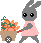 Animated contact sheet of a gray rabbit character in pink dress pushing a wheelbarrow full of carrots across multiple frames with varying expressions and props.