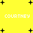 Yellow background with black plus signs and white pixelated text reading "COURTNEY" in three horizontal