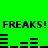 Green background with repeated black text 'FREAKS! FREAKS!' and horizontal black line patterns in two