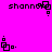 Pixelated icon with 'shanno' text and geometric shapes on bright pink background, showing animation of small square elements shifting position.
