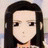 Pixelated anime-style character with long dark hair and neutral expression, next to black background with white text.