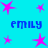 Cyan background with pink star shapes and blue text reading 'emily' in pixelated font, arranged in a pattern