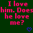 Green background with repeated pink text "I love him. Does he love me?" and blue heart symbols, partially cropped at bottom right.